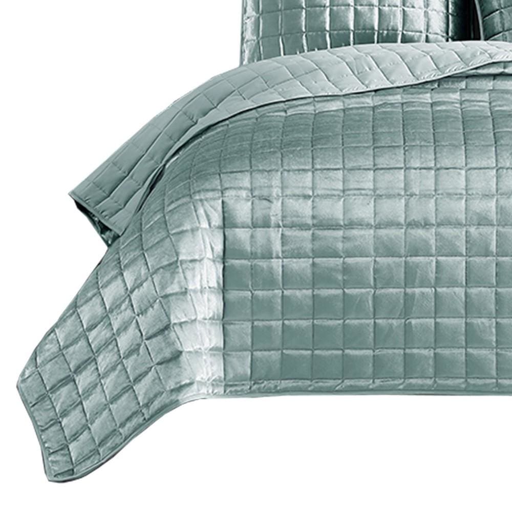 3 Piece King Size Coverlet Set with Stitched Square Pattern Sea Green By Casagear Home BM225239