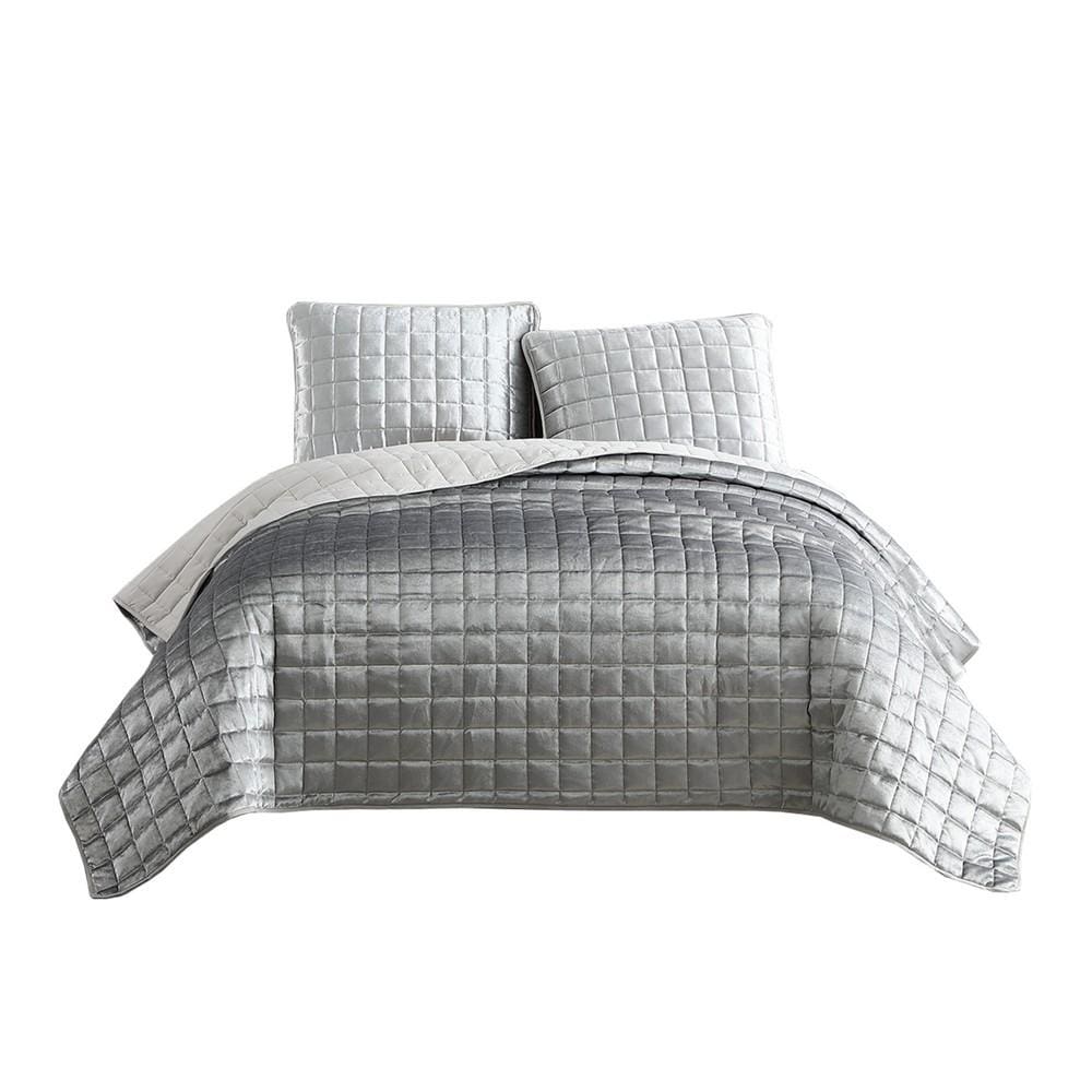 Coverlet Set | 3 Piece King | Stitched Square Pattern | Silver