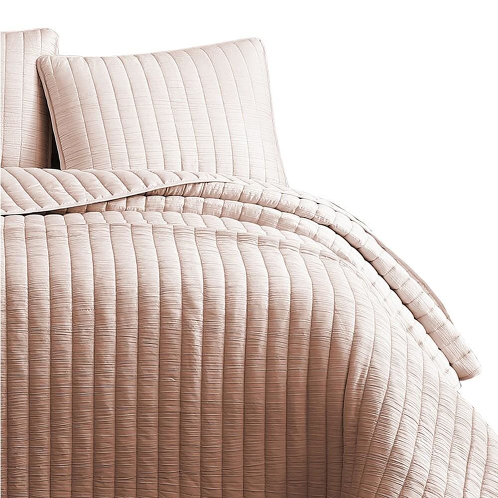 3 Piece Crinkles Queen Size Coverlet Set with Vertical Stitching Pink By Casagear Home BM225244