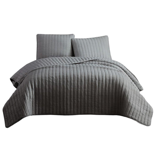 3 Piece Crinkles Queen Size Coverlet Set with Vertical Stitching, Gray By Casagear Home