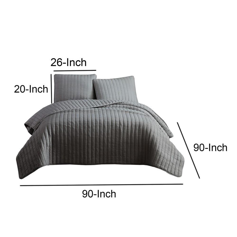 3 Piece Crinkles Queen Size Coverlet Set with Vertical Stitching Gray By Casagear Home BM225246