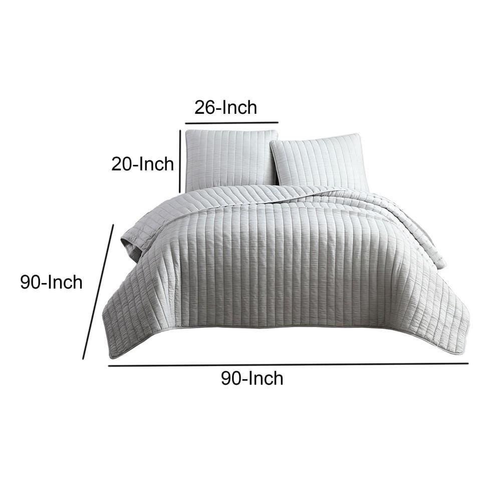 3 Piece Crinkle Queen Size Coverlet Set with Vertical Stitching,Light Gray By Casagear Home BM225250