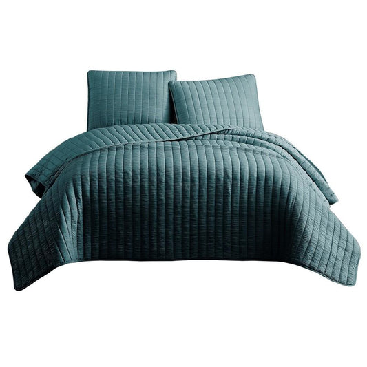 3 Piece Crinkle King Coverlet Set with Vertical Stitching, Turquoise Blue By Casagear Home