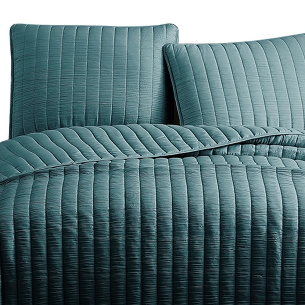 3 Piece Crinkle Queen Coverlet Set with Vertical Stitching Turquoise Blue By Casagear Home BM225254