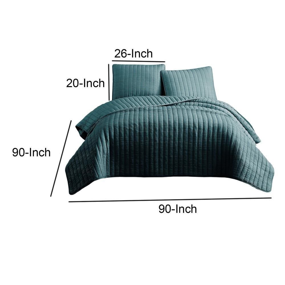 3 Piece Crinkle Queen Coverlet Set with Vertical Stitching Turquoise Blue By Casagear Home BM225254