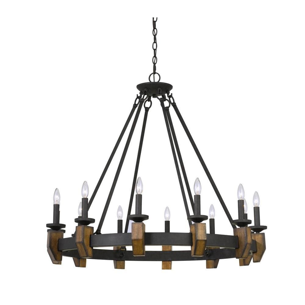 12 Bulb Round Metal Chandelier with Candle Lights and Wooden accents, Black By Casagear Home