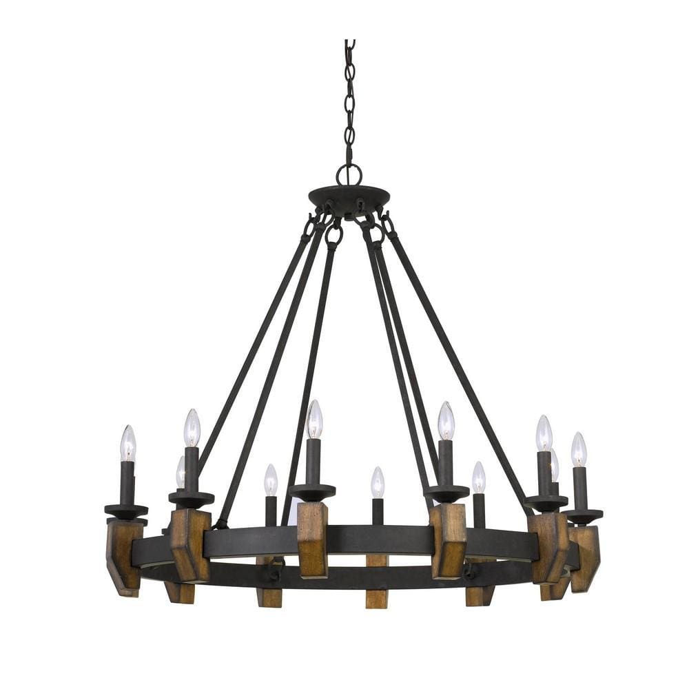Chandelier | 12 Bulb | Round Metal | Candle Lights | Black & Wood