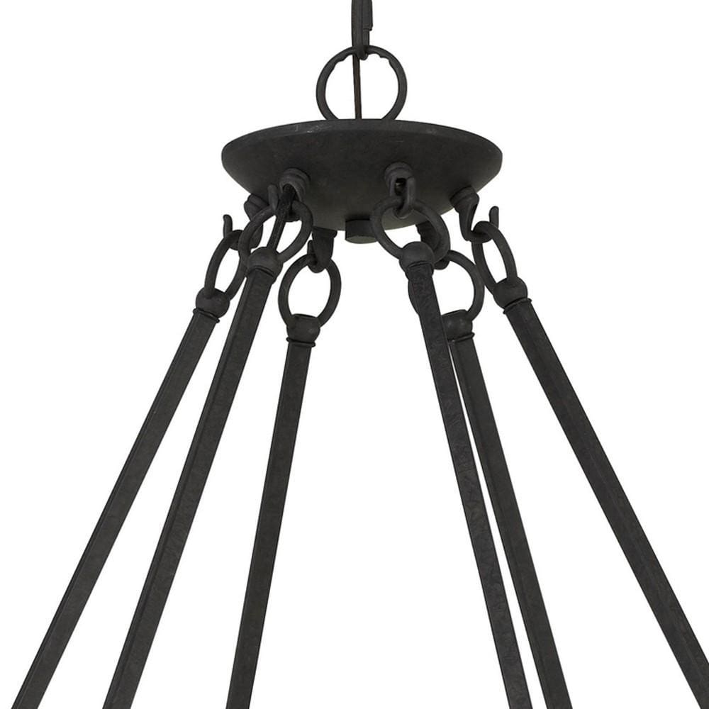 12 Bulb Round Metal Chandelier with Candle Lights and Wooden accents Black By Casagear Home BM225616