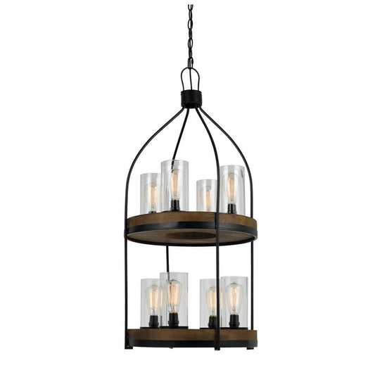 Pendant Fixture | 2 Tier | Wood & Metal Frame | Brown & Black
