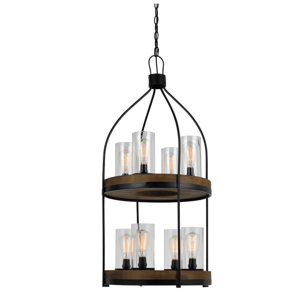 Two Tier Pendant Fixture with Round Wooden and Metal Frame, Brown and Black By Casagear Home