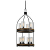 Two Tier Pendant Fixture with Round Wooden and Metal Frame, Brown and Black By Casagear Home