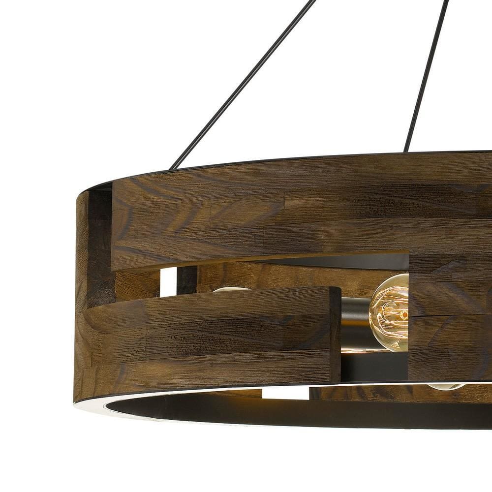 9 Bulb Round Wooden Frame Chandelier with Geometric Cut Out Design Brown By Casagear Home BM225623