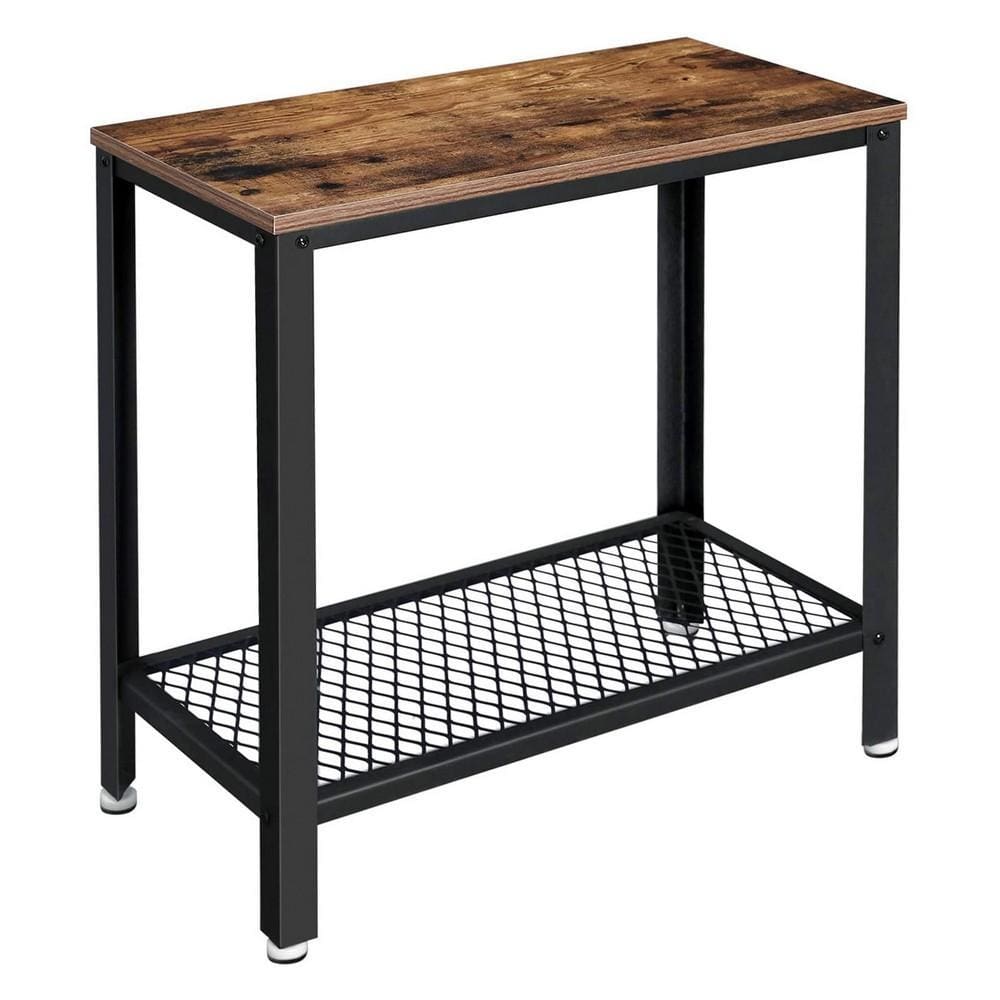 Wooden Top Side Table with 1 Mesh Metal Shelf, Brown and Black By Casagear Home