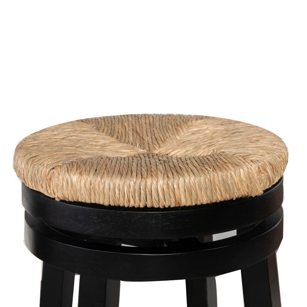 Wooden Counter Stool with Round Rattan Padded Seat Black and Brown By Casagear Home BM225665