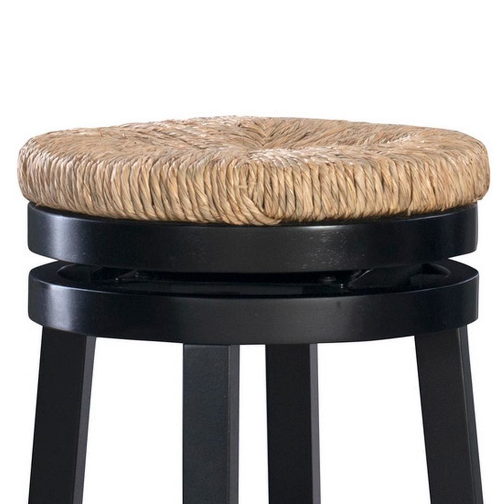 Wooden Counter Stool with Round Rattan Padded Seat Black and Brown By Casagear Home BM225665
