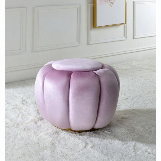 17" Tufted Round Ottoman with Metal Base, Pink and Gold By Casagear Home