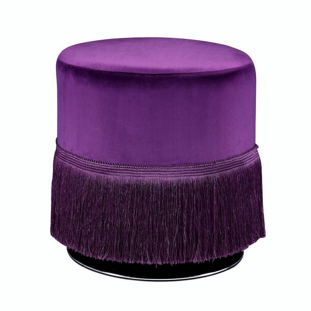 16" Fabric Upholstered Round Ottoman with Fringes, Purple By Casagear Home