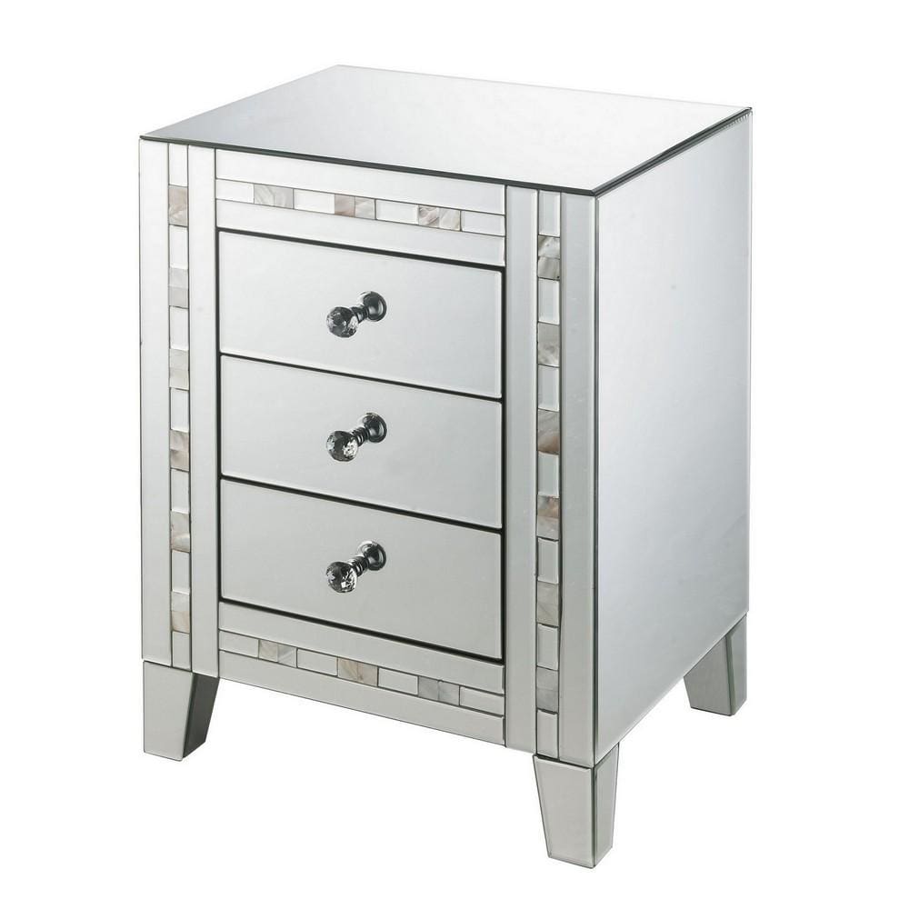 26" 3 Drawer Beveled Nightstand with Pearl Inlay, Silver By Casagear Home