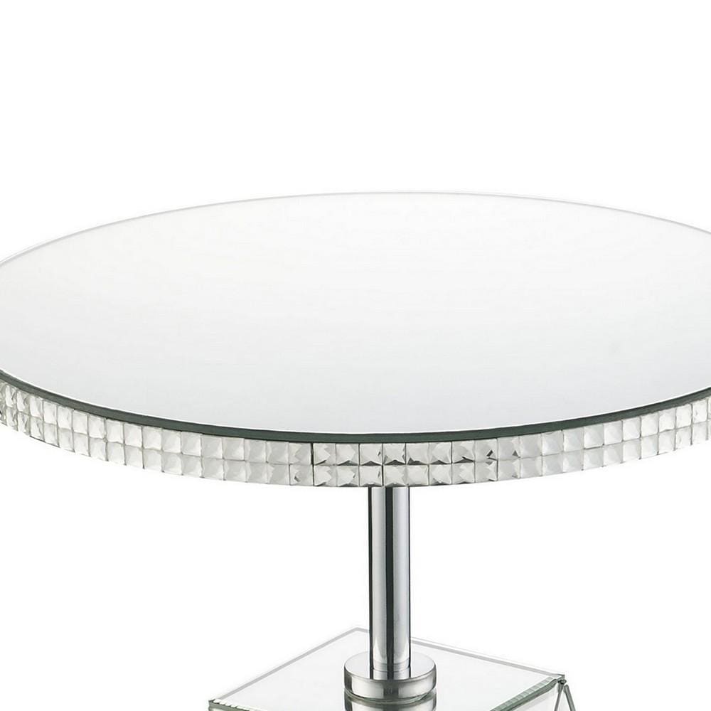 20 Round Mirrored Accent Table with Pedestal Base Silver By Casagear Home BM225705