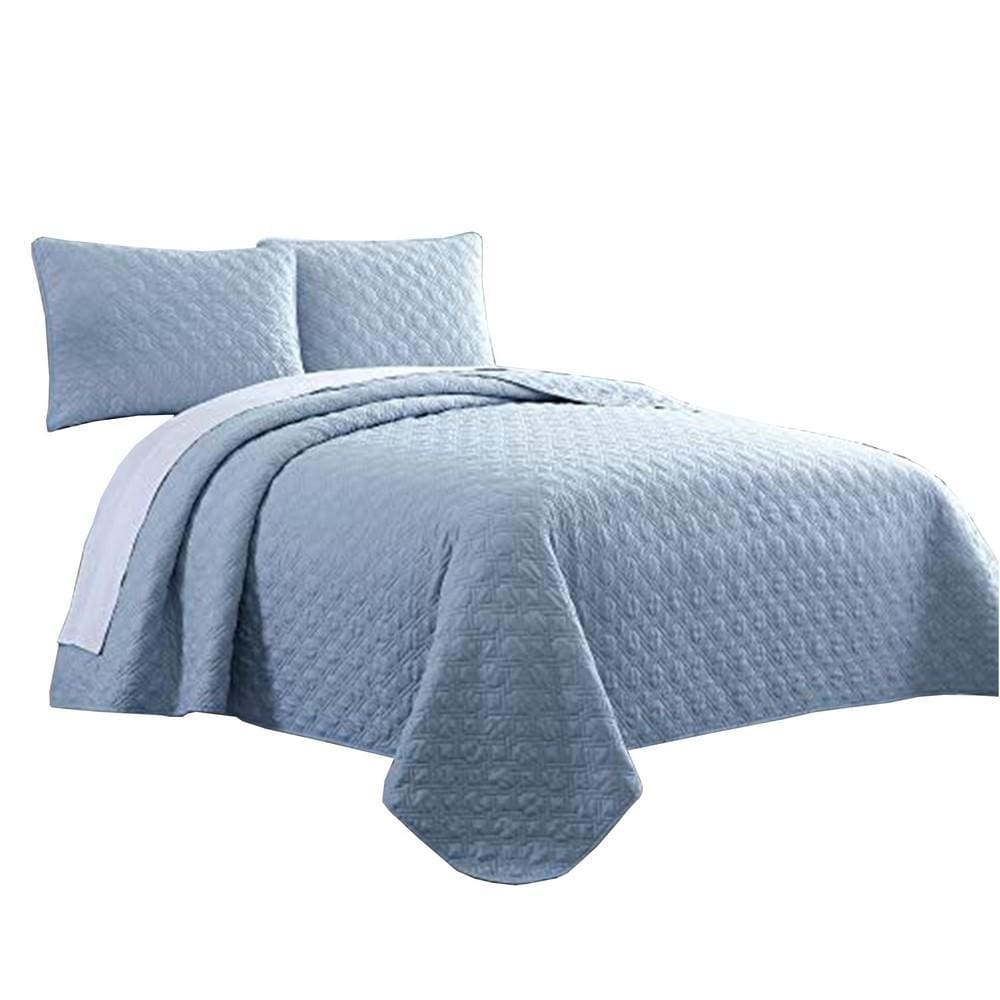 3 Piece Queen Size Diamond Quilted Fabric Coverlet Set, Blue By Casagear Home