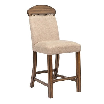 Fabric Counter Height Chair with Arched Wooden Top,Set of 2,Beige and Brown By Casagear Home