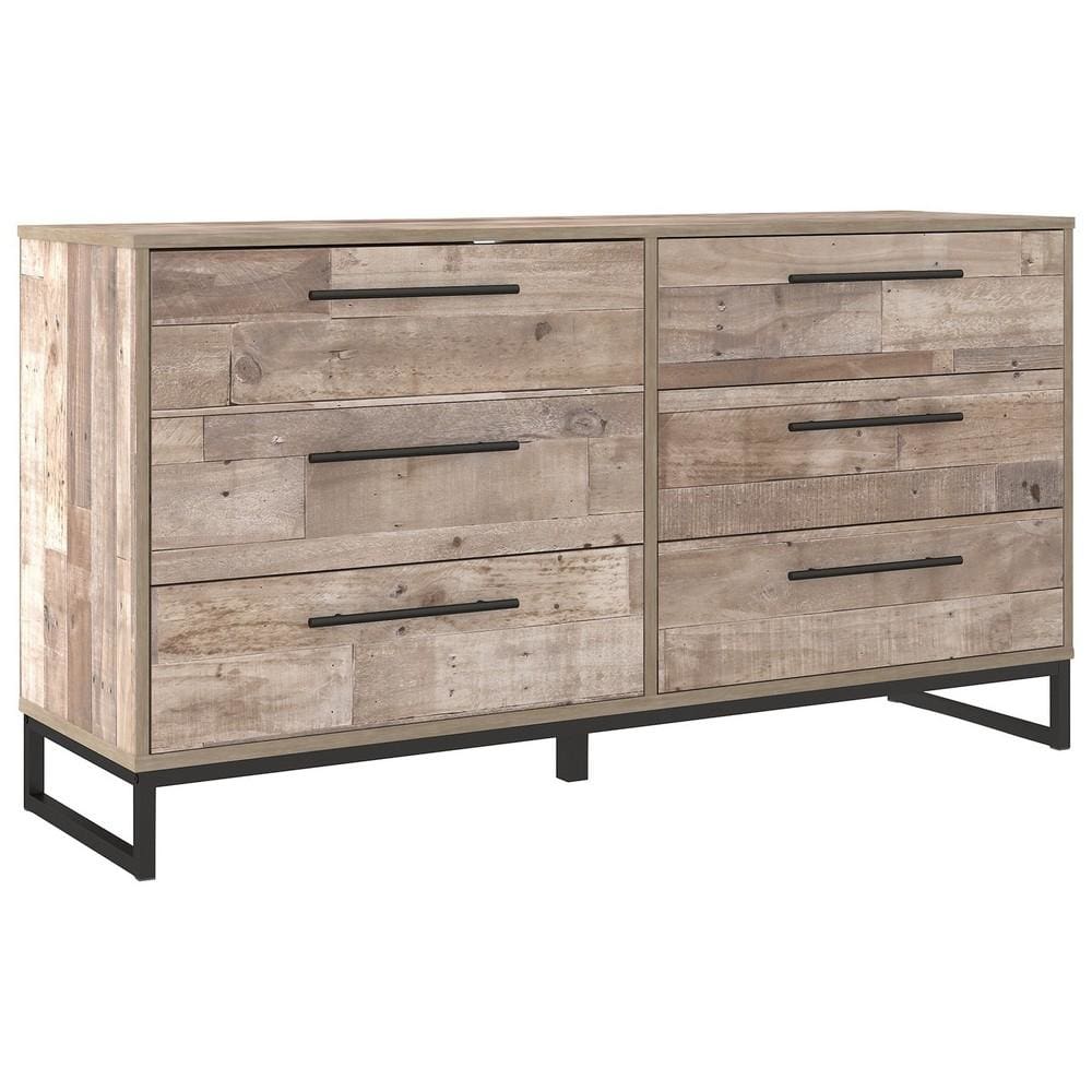6 Drawer Wooden Dresser with Metal Legs, Washed Brown and Black By Casagear Home