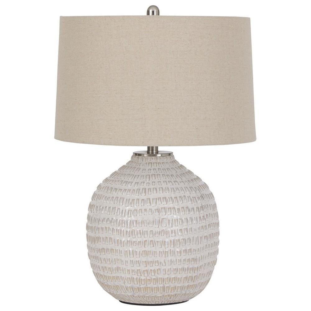 Textured Ceramic Frame Table Lamp with Fabric Shade, Beige and White By Casagear Home
