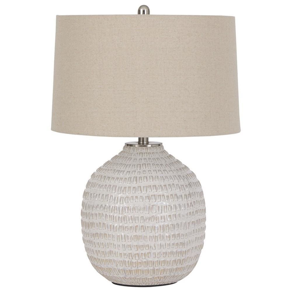 Table Lamp | Textured Ceramic Frame | Fabric Shade | Beige & White