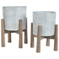 Round Metal Planter Set with Wood Stand,Set of 2,Galvanized Gray and Brown By Casagear Home