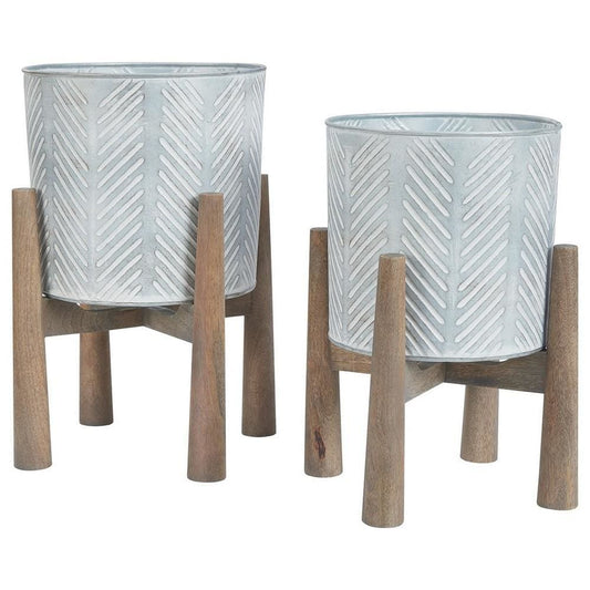Round Metal Planter Set with Wood Stand,Set of 2,Galvanized Gray and Brown By Casagear Home