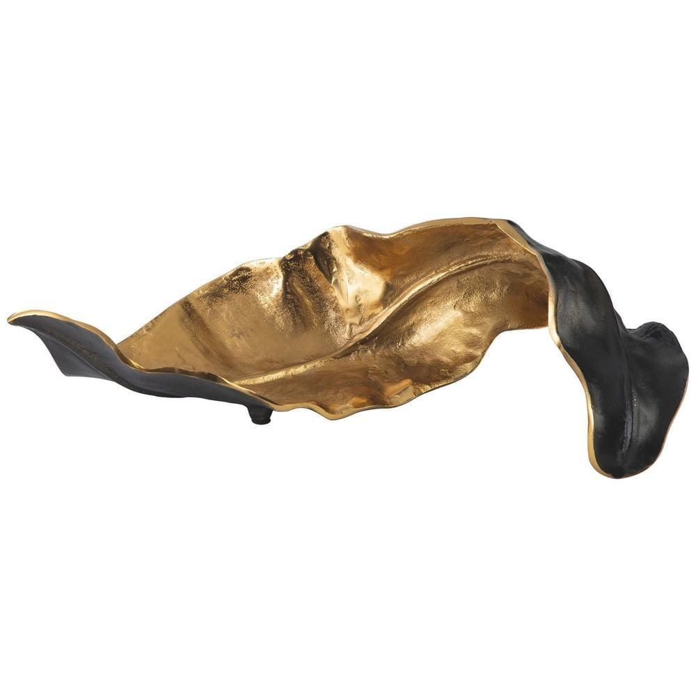 Twisted Leaf Design Sculpture with Texture Details, Gold and Black By Casagear Home