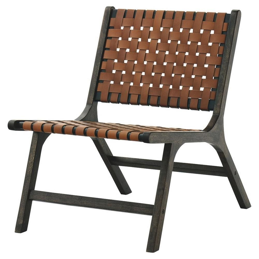 Wooden Frame Accent Chair with Leather Stripe Woven Pattern, Brown By Casagear Home