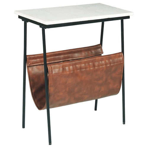 Accent Table | Marble Top | Faux Leather Swing Holder | White & Brown
