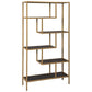 Metal Frame Bookcase with 5 Tiered Display Glass Shelves, Gold and Black By Casagear Home
