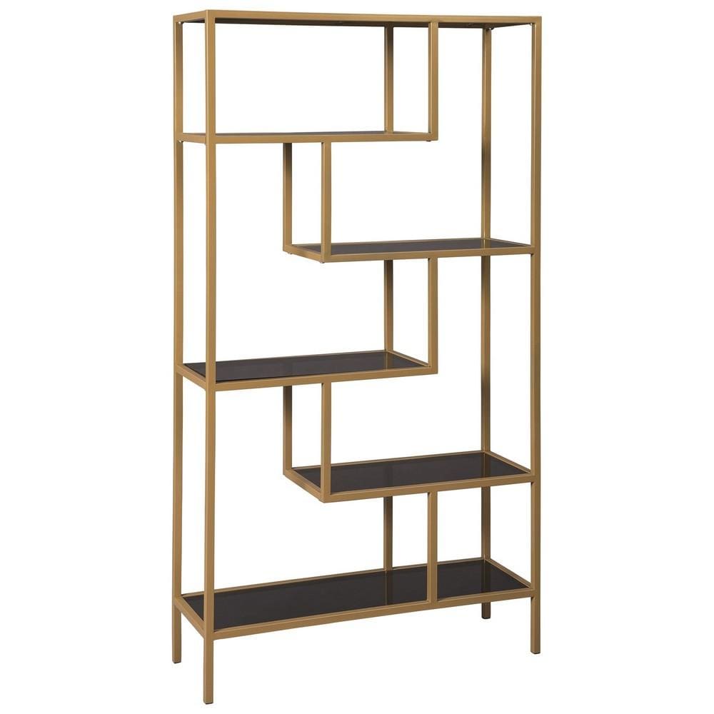 Ashley Metal Frame Bookcase with 5 Tiered Display Glass Shelves, Gold and Black