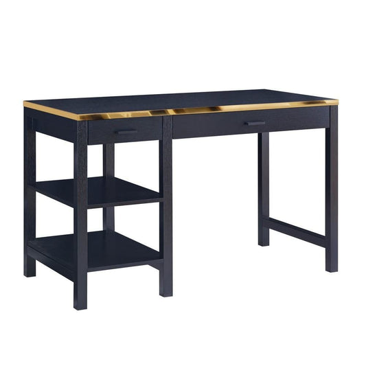 2 Drawer Rectangular Desk with 2 Open Shelves, Black and Gold By Casagear Home