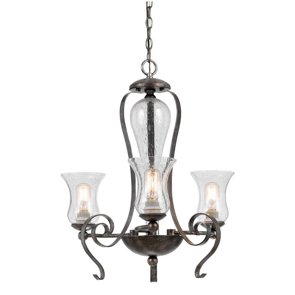 25" 3 Bulb Chandelier with Scrolled Metal Frame,Gray & Clear By Casagear Home
