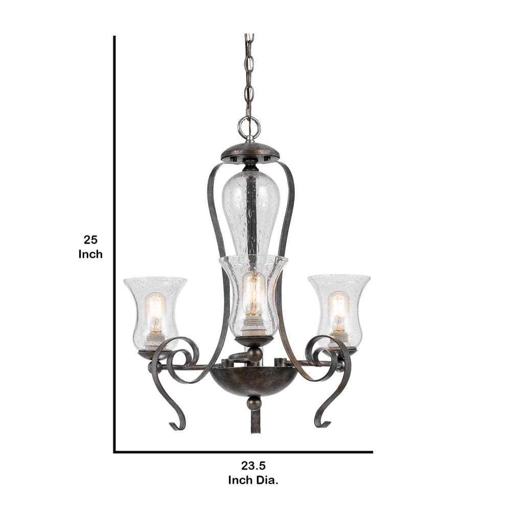 25 3 Bulb Chandelier with Scrolled Metal Frame,Gray & Clear By Casagear Home BM226298