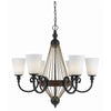 31 Inch 6 Bulb Chandelier, Wood Scrolled Metal Frame, Brown and Black By Casagear Home