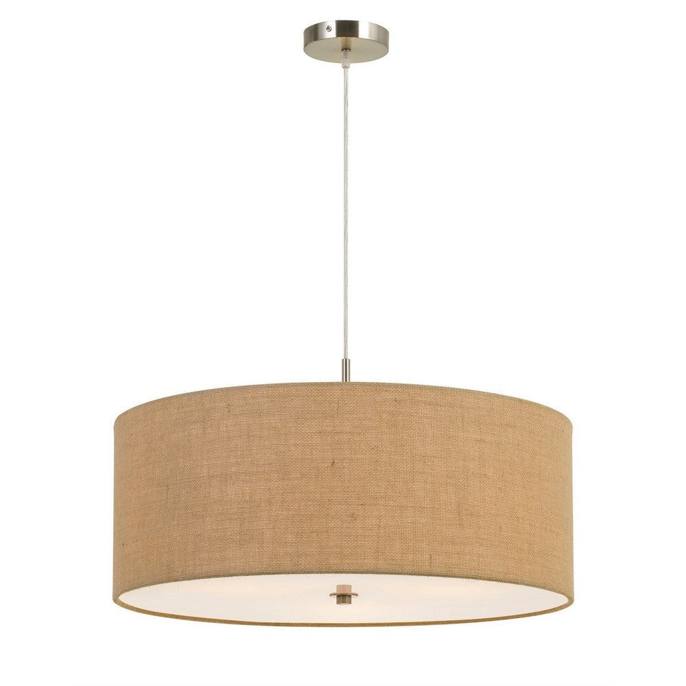 3 Bulb Drum Shaped Fabric Pendant Fixture with Diffuser, Beige By Casagear Home