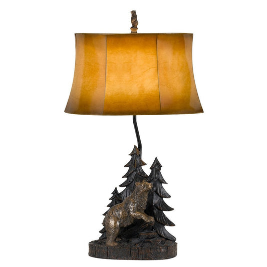 3 Way Resin Body Table Lamp with Forest and Bear Design, Brown and Black By Casagear Home