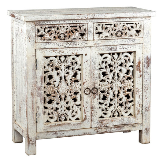 2 Door and 2 Drawer Hand Carved Wooden Frame Buffet, Antique White By Casagear Home