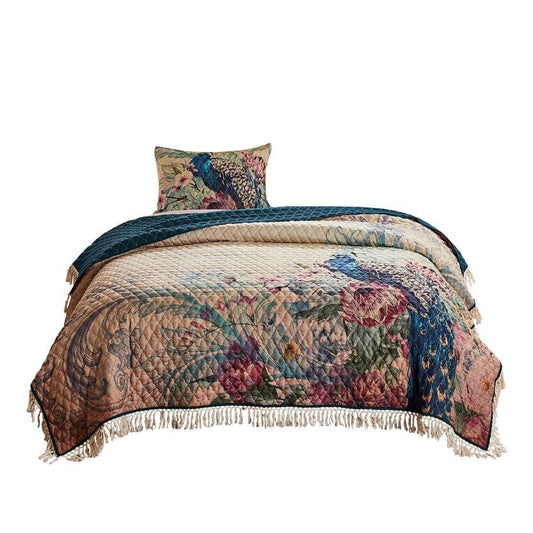 2 Piece Twin Size Quilt Set with Floral Print and Crochet Trim, Multicolor By Casagear Home
