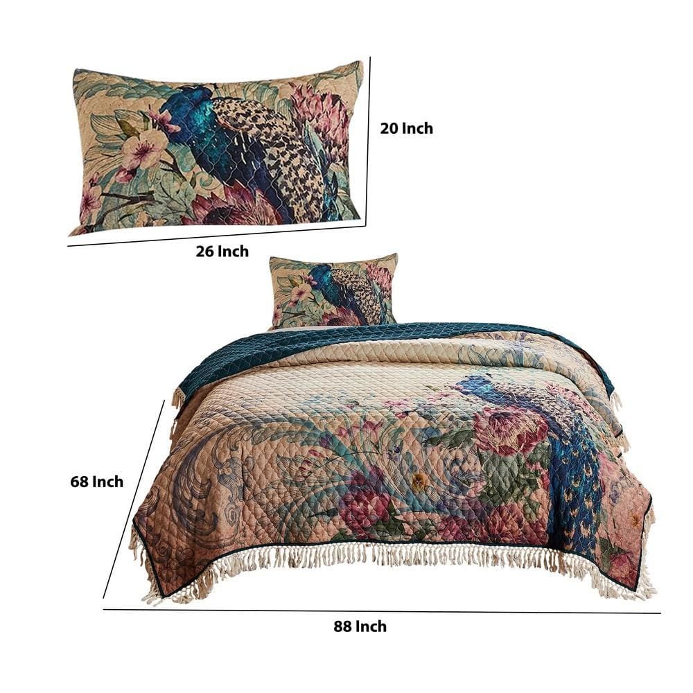 2 Piece Twin Size Quilt Set with Floral Print and Crochet Trim Multicolor By Casagear Home BM226417