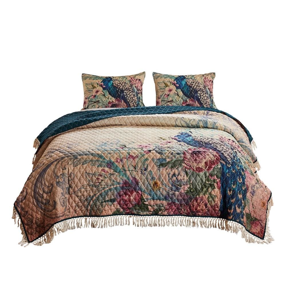 3 Piece Queen Size Quilt Set with Floral Print and Crochet Trim, Multicolor By Casagear Home