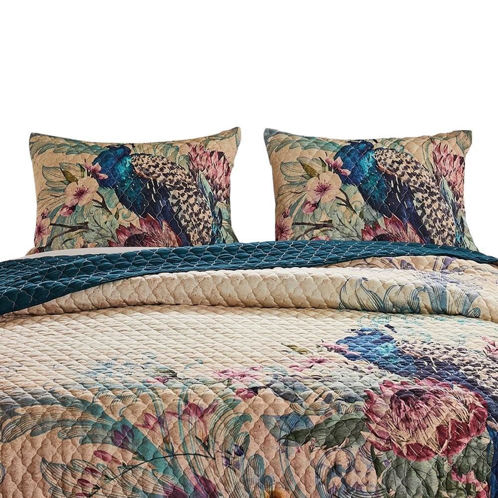3 Piece Queen Size Quilt Set with Floral Print and Crochet Trim Multicolor By Casagear Home BM226418