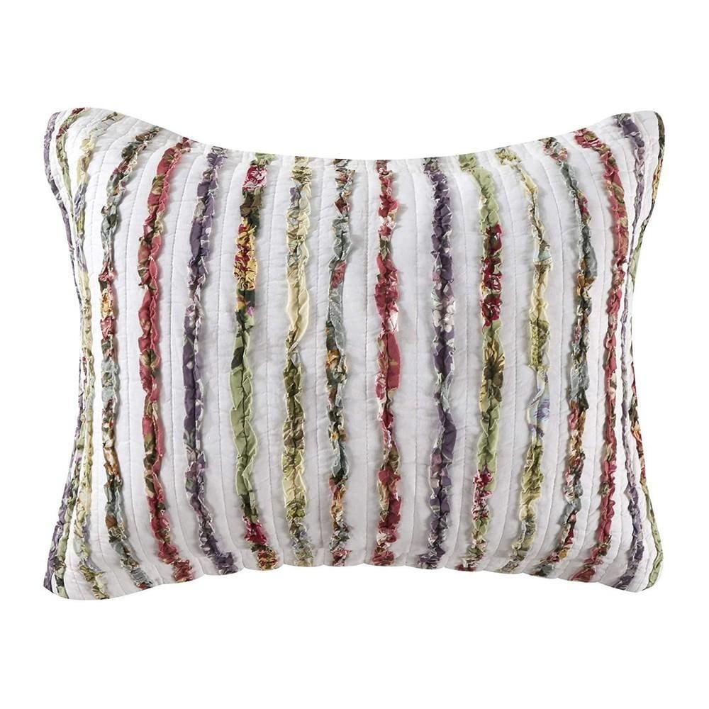 Five Piece Queen Size Cotton Quilt Set with Sewn Floral Ruffles Multicolor By Casagear Home BM226428