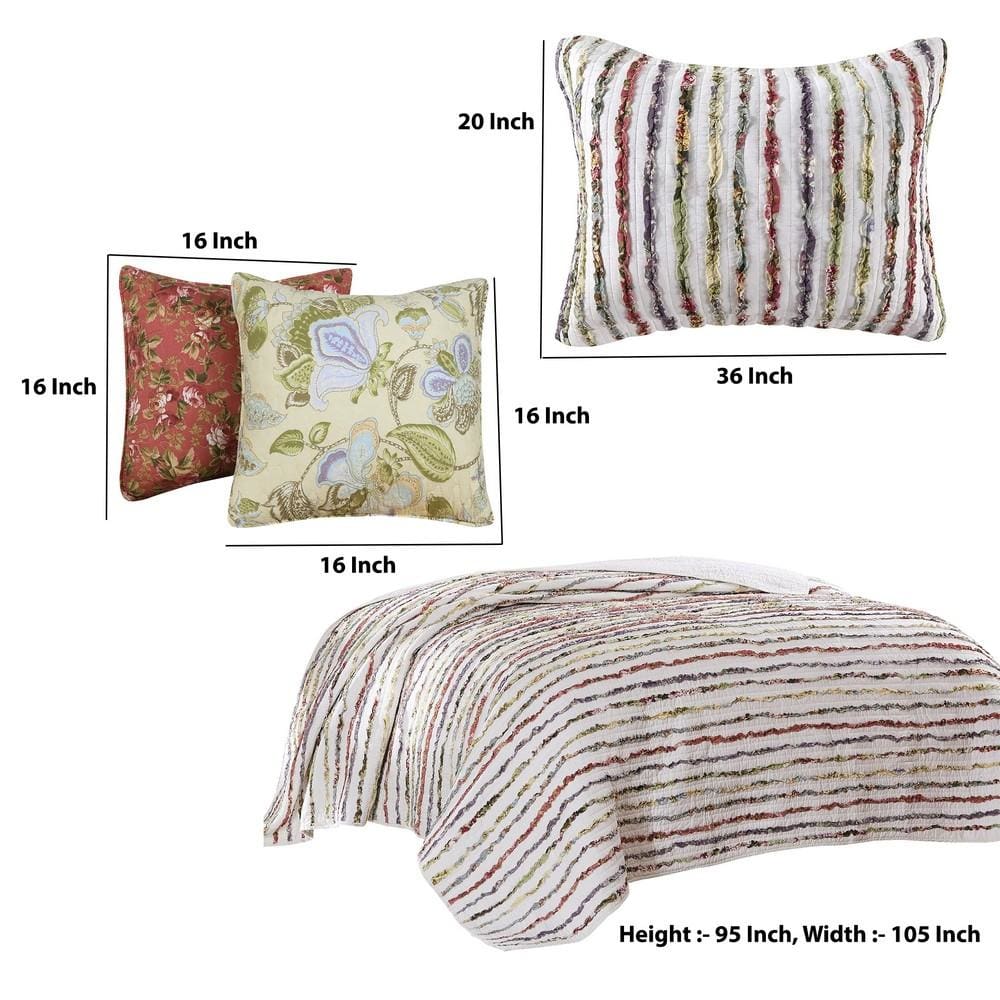 Five Piece King Size Cotton Quilt Set with Sewn Floral Ruffles Multicolor By Casagear Home BM226429