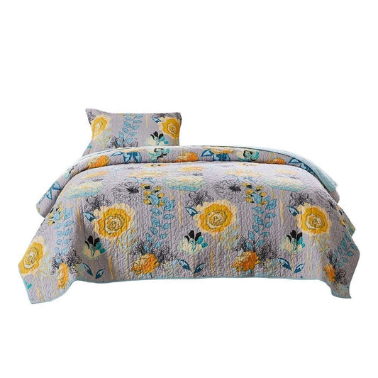 2 Piece Twin Size Fabric Quilt with Floral Pattern, Multicolor By Casagear Home