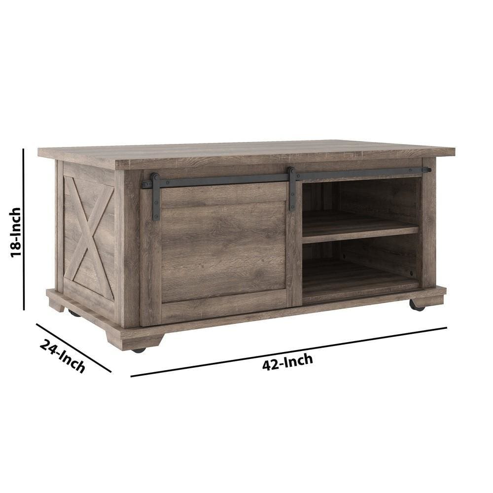 42 Panel Design Cocktail Table with Barn Sliding Door,Brown By Casagear Home BM226539